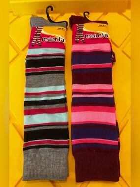 #1400 Mamia Striped Knee High Socks - Gray/Turquoise & Burgundy/Pink